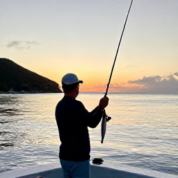 Caribbean Holidays, May Fishing, Friendly local fishing guide showing an angler a catch aboard a charter boat near Saint Martin at sunset, with calm sea and island coastline