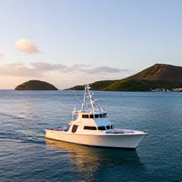 Caribbean Holidays, May Fishing, Modern fishing charter boat leaving a Caribbean harbour at dawn, green volcanic hills and small islands in the background