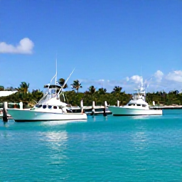 Caribbean Holidays, May Fishing, Relaxed waterfront marina in Providenciales, Turks and Caicos, with fishing boats, palm trees and clear Caribbean water