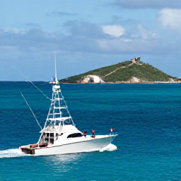 Caribbean Holidays, May Fishing, Sport fishing boat travelling beyond the coastline of Sint Maarten, with anglers preparing rods and the green Caribbean island visible in the distance