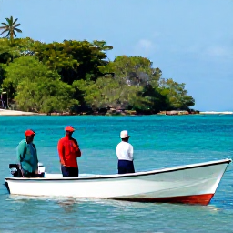 Caribbean Holidays, May Fishing Trinidad, Anglers relaxing beside a Trinidad and Tobago fishing boat after a successful catch, green coastline and blue sea behind them