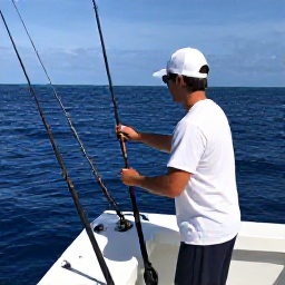 Caribbean Holidays, May Fishing Trinidad, Friendly local fishing guide helping holidaymakers aboard a small charter boat near Tobago, rods and tackle visible