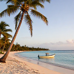 Caribbean Holidays, May Fishing Trinidad, Scenic Tobago coastline with a small fishing boat, palm trees, clear turquoise water and warm late-afternoon light