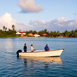 Caribbean Holidays, May Fishing Trinidad, Sport fishing charter leaving a Trinidad harbour, tropical coastline in the background and anglers enjoying the morning sea