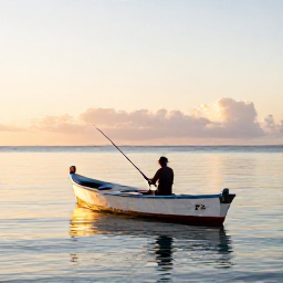 Caribbean Holidays, May Fishing Trinidad, Traditional fishing boat on calm Caribbean water off Trinidad at sunrise, with a local angler preparing rods