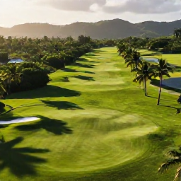 Caribbean Holidays, May Golf Holidays, Aerial view of a lush Caribbean golf course in Trinidad and Tobago under warm May sunshine, with palm trees and distant green hills
