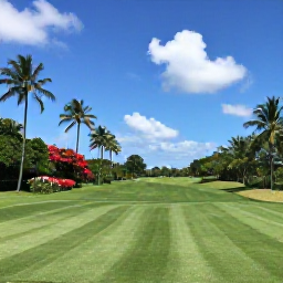 Caribbean Holidays, May Golf Holidays, Golfer teeing off on a manicured tropical course in Trinidad, with coconut palms, flowering vegetation and bright Caribbean skies
