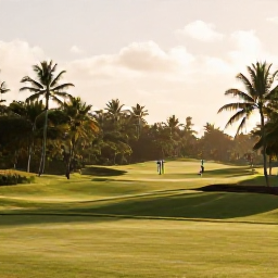 Caribbean Holidays, May Golf Holidays, Peaceful Tobago golf course surrounded by tropical vegetation and palm trees, with a golfer walking towards the green in soft afternoon light