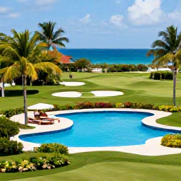 Caribbean Holidays, May Golf Holidays, Relaxed Caribbean golf holiday scene with clubs beside a resort pool, tropical gardens and a glimpse of the sea in Trinidad and Tobago