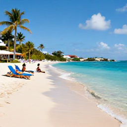 Caribbean Holidays, May Holidays, A beautiful sandy beach on Saint Martin with clear shallow water, sun loungers, palm trees and a couple enjoying a relaxed May afternoon
