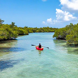 Caribbean Holidays, May Holidays, A calm mangrove lagoon and wetland on Saint Martin, with kayakers exploring clear water beneath a bright sky