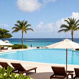 Caribbean Holidays, May Holidays, A comfortable all-inclusive beachfront resort in Sint Maarten, with guests by a swimming pool, palm trees and a calm blue sea