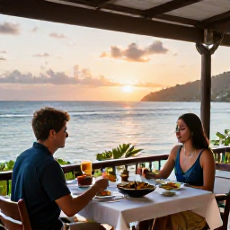 Caribbean Holidays, May Holidays, A couple dining outdoors at a relaxed Caribbean restaurant in Saint Vincent and the Grenadines at sunset, with local dishes and sea views