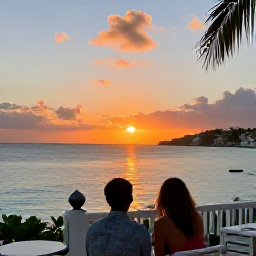 Caribbean Holidays, May Holidays, A couple watching a colourful Caribbean sunset from a beachfront restaurant in Saint Martin, with calm sea and warm evening light