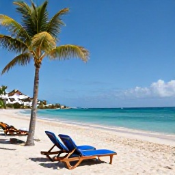 Caribbean Holidays, May Holidays, A peaceful Caribbean beach on Saint Martin in May, with sun loungers, palm trees and calm turquoise water