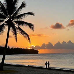 Caribbean Holidays, May Holidays, A peaceful Caribbean sunset over the islands of Saint Vincent and the Grenadines, with calm sea, silhouetted palms and a couple walking along the shore