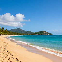 Caribbean Holidays, May Holidays, A quiet golden beach on Saint Kitts with calm turquoise water, palm trees and distant green hills