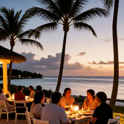 Caribbean Holidays, May Holidays, A relaxed Caribbean evening on Grace Bay, with palm trees, a calm sea, warm sunset light and guests dining outdoors at a beach resort