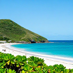 Caribbean Holidays, May Holidays, A sunny coastal landscape on Saint Martin and Sint Maarten in May, with turquoise sea, green hills and a quiet sandy beach