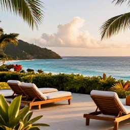 Caribbean Holidays, May Holidays, An adults-only resort terrace overlooking the Caribbean Sea in Saint Vincent and the Grenadines, with elegant loungers, tropical plants and golden afternoon light