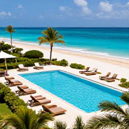 Caribbean Holidays, May Holidays, An elegant all-inclusive resort on Grace Bay beach, showing a swimming pool, sun loungers, tropical gardens and turquoise Caribbean sea