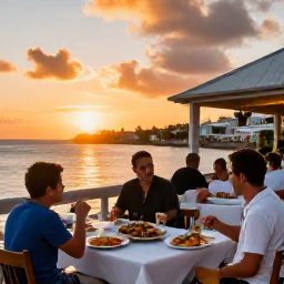 Caribbean Holidays, May Holidays, An informal seaside restaurant in Saint Martin or Sint Maarten at sunset, with fresh seafood and guests enjoying the view