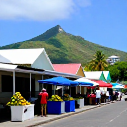Caribbean Holidays, May Holidays, Colourful Kingstown street scene in Saint Vincent with local market stalls, tropical fruit and green hills in the background