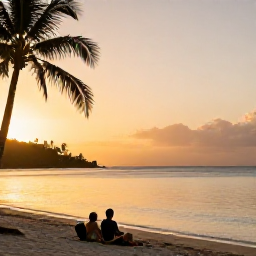 Caribbean Holidays, May Holidays, Couple relaxing on a quiet Saint Vincent beach at sunset, with soft golden light, calm sea and palm silhouettes