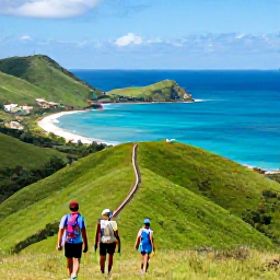 Caribbean Holidays, May Holidays, Hikers walking through green Caribbean hills above the coastline of Saint Martin, with views across bright blue bays