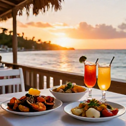 Caribbean Holidays, May Holidays, Outdoor table in a Saint Martin seaside restaurant with fresh seafood, Caribbean dishes, colourful drinks and a relaxed sunset atmosphere