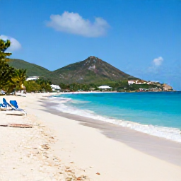 Caribbean Holidays, May Holidays, Quiet Caribbean beach on Saint Martin in May with turquoise water, pale sand, sun loungers and green hills in the background