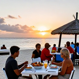 Caribbean Holidays, May Holidays, Relaxed evening at a Turks and Caicos beachfront restaurant, with local seafood, soft sunset light and diners enjoying island hospitality