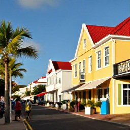 Caribbean Holidays, May Holidays, Sunny Caribbean street in Saint Martin and Sint Maarten with colourful buildings, palm trees and local people enjoying an easy afternoon