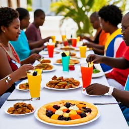 Caribbean Holidays, May Holidays, Traditional Trinidadian food being prepared at a welcoming outdoor gathering, with doubles, roti, fresh fruit and colourful drinks