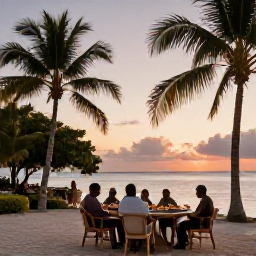 Caribbean Holidays, May Holidays, Travellers enjoying a relaxed island evening in Saint Kitts with local food, soft sunset light and palm trees