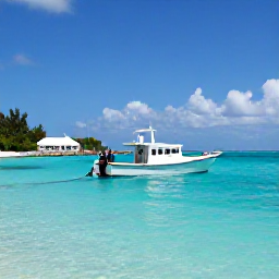 Caribbean Holidays, May Holidays, Turks and Caicos fishing boat on clear turquoise water near Grand Turk, with a small historic waterfront and sunny Caribbean sky