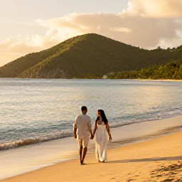 Caribbean Holidays, May Honeymoons, A newlywed couple walking along a quiet golden beach on Saint Kitts at sunset, calm Caribbean sea and green hills in the distance