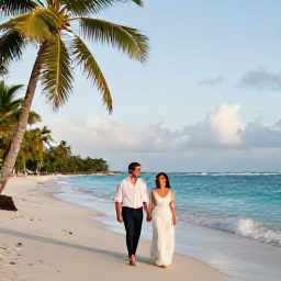 Caribbean Holidays, May Honeymoons, A newlywed couple walking along a quiet palm-fringed beach on Saint Vincent and the Grenadines in May, warm Caribbean light and turquoise sea