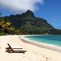 Caribbean Holidays, May Honeymoons, A secluded sandy beach on Nevis with two sun loungers, turquoise water, palm trees and a volcanic mountain backdrop