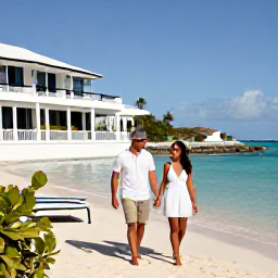 Caribbean Holidays, May Honeymoons, Couple arriving at a stylish seaside hotel in Saint Barth&eacute;lemy, bright May sunshine, turquoise water and relaxed Caribbean atmosphere