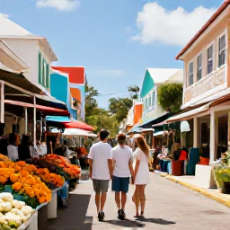 Caribbean Holidays, May Honeymoons, Couple exploring colourful Marigot market and historic streets in Saint Martin during a sunny afternoon