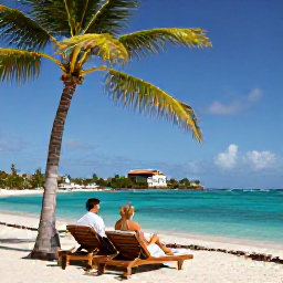 Caribbean Holidays, May Honeymoons, Couple relaxing on a sun lounger beside turquoise water and palm trees on a Saint Martin beach