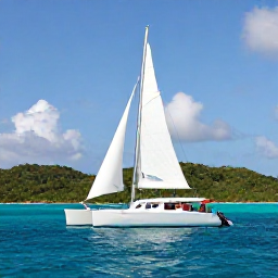 Caribbean Holidays, May Honeymoons, Couple sailing on a small catamaran between green Caribbean islands, bright blue sea, gentle May sunshine and white sails