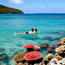 Caribbean Holidays, May Honeymoons, Couple snorkelling in clear turquoise water above a colourful coral reef near St John in the United States Virgin Islands