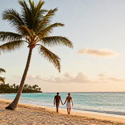 Caribbean Holidays, May Honeymoons, Couple walking hand in hand along a quiet Caribbean beach at sunset in May, warm light, palm trees and calm turquoise sea