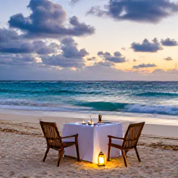 Caribbean Holidays, May Honeymoons, Elegant Caribbean honeymoon dinner on a beach at dusk, table for two with lanterns, gentle waves and tropical sky
