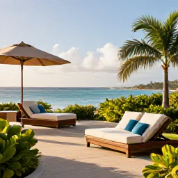 Caribbean Holidays, May Honeymoons, Elegant honeymoon resort terrace overlooking the Caribbean Sea on Saint Kitts, comfortable loungers, tropical gardens and warm morning light