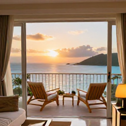 Caribbean Holidays, May Honeymoons, Elegant honeymoon suite with open doors to a private balcony overlooking the Caribbean Sea at sunset in the United States Virgin Islands