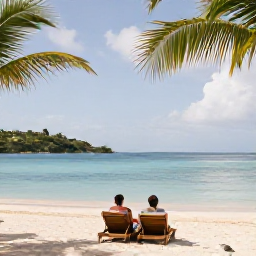 Caribbean Holidays, May Honeymoons, Newly married couple relaxing on a quiet sandy beach in Saint Barth&eacute;lemy, calm turquoise sea, sun loungers and palm trees