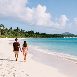 Caribbean Holidays, May Honeymoons, Newlywed couple walking along a quiet white-sand beach in St Thomas, United States Virgin Islands, warm May sunshine and turquoise sea